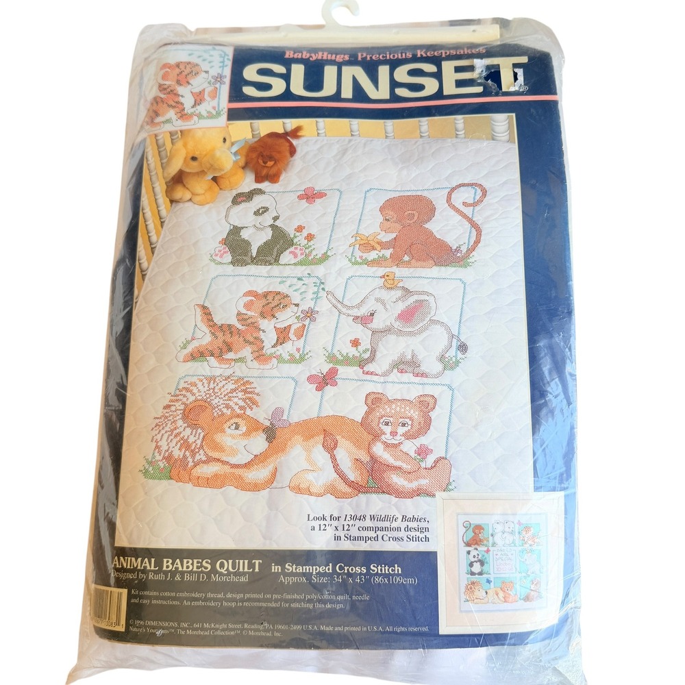 Dimensions Sunset Animal Babes Stamped Cross Stitch Quilt Kit 34x43 Vintage 1996 - Picture 3 of 3